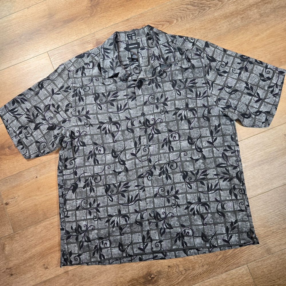 Claiborne Silk Shirt Mens L Black Floral Button Down Retro 90s Casual Streetwear